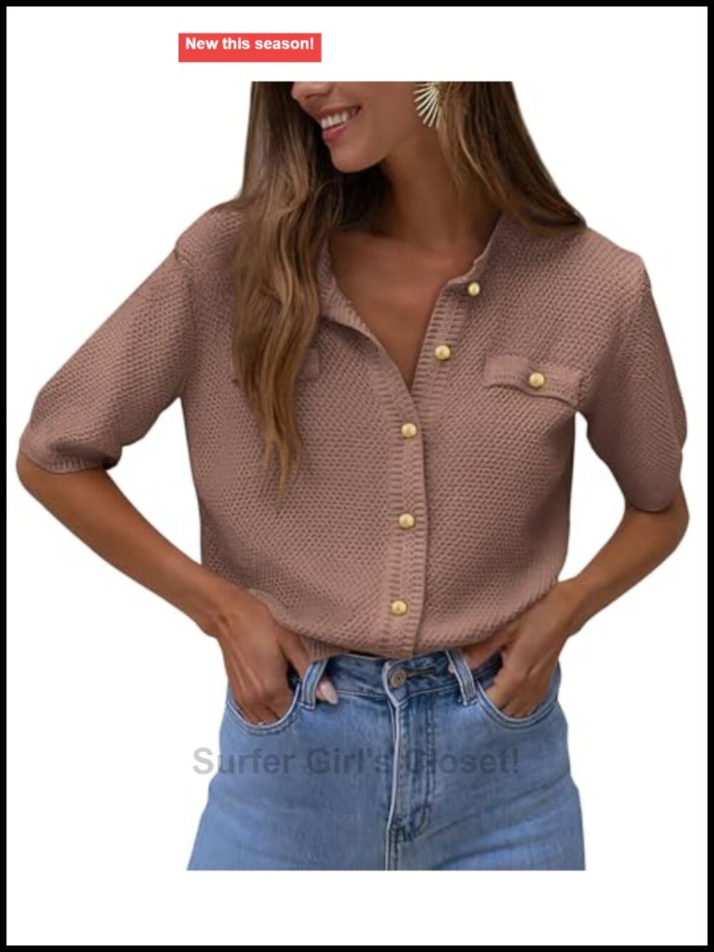 Women's Knit Button Down V Neck Half Sleeve Blouse Casual Office Top